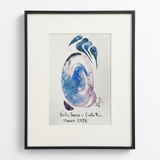Framed artwork with a colorful abstract design and text on a white background