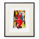 Framed abstract artwork with a colorful depiction of a dancer on a gray wall.
