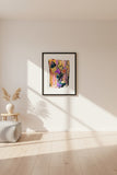 Colorful abstract art piece with flowers and butterflies on a textured background
