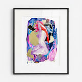 Framed abstract artwork with colorful elements on a white wall